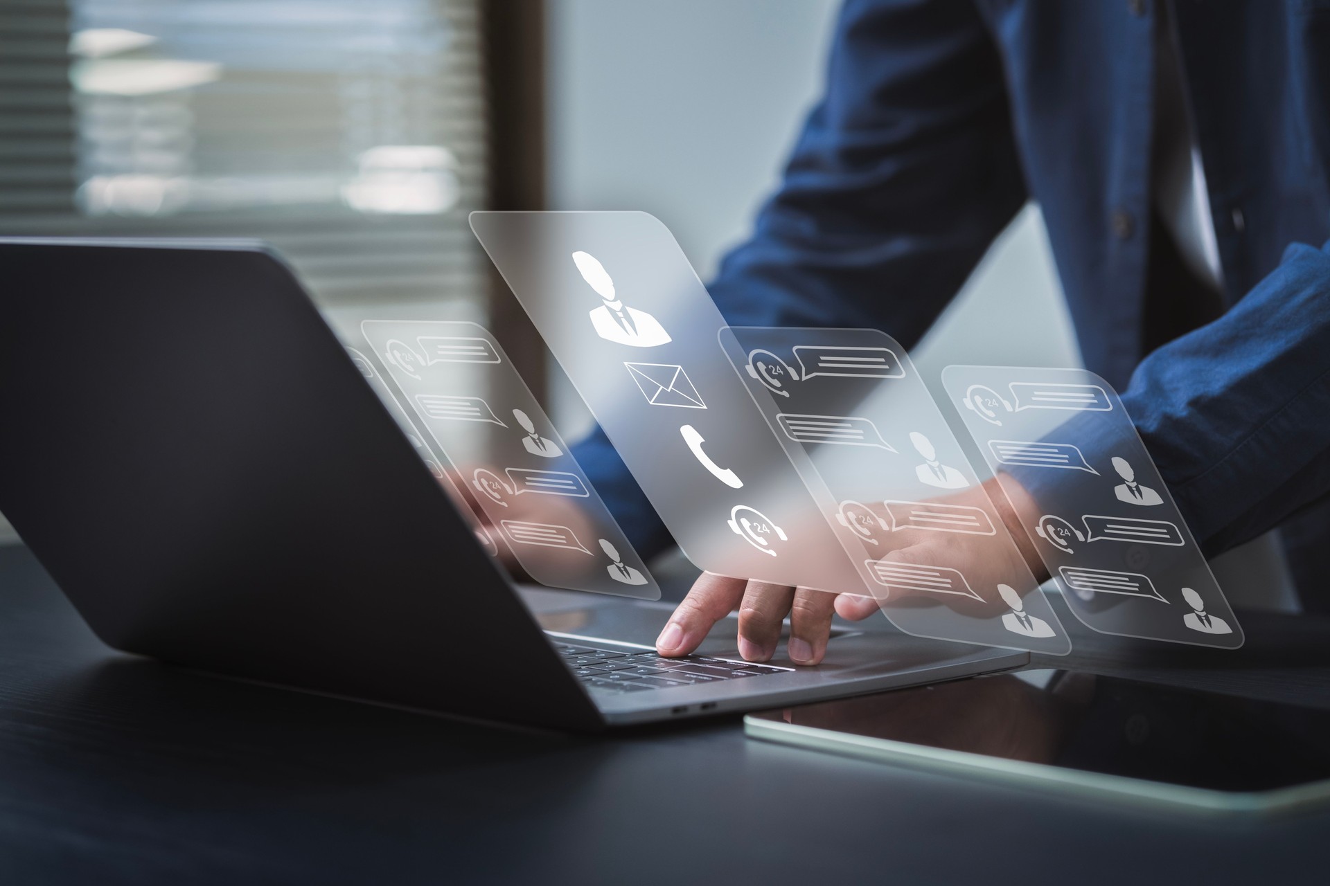 Customer service. Businessman using artificial intelligence software technology, Chatbots and CRM for customers. Using Online Customer Service with Chatbots Contact Us